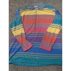 Vintage Hunters Run Men's 1X Colorful Striped Long Sleeve Polo *Stain on Sleeve